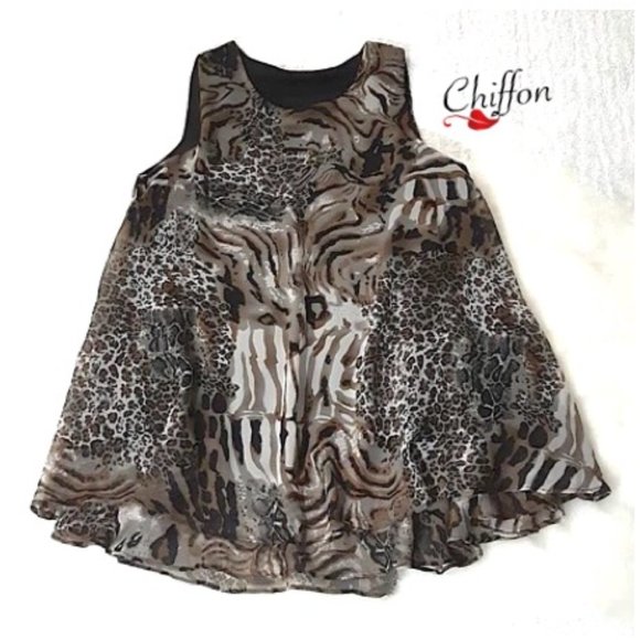Silky Soft Chiffon Tunic Top Round Neck Brown Black Animal Print Sleeveless, M - Picture 3 of 11